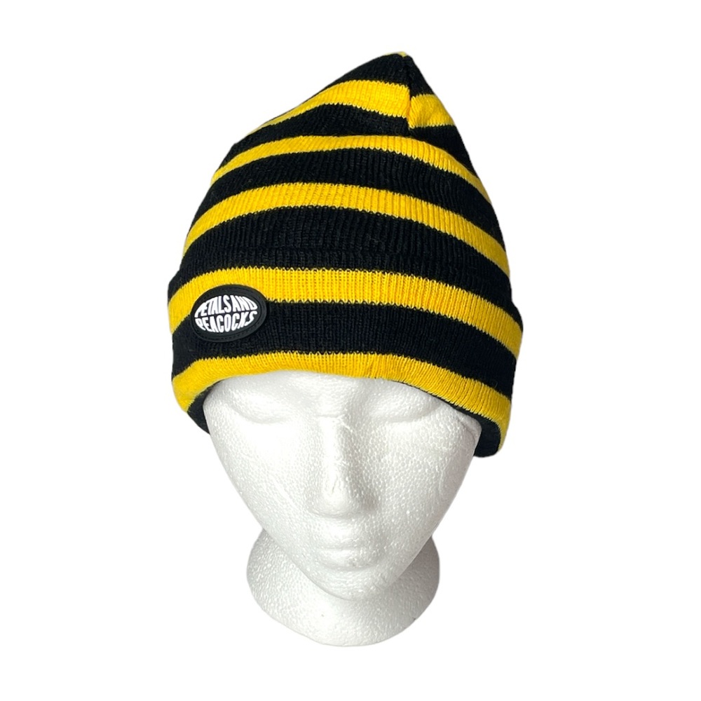 Petals and Peacocks Striped Beanie Hat Black Yellow